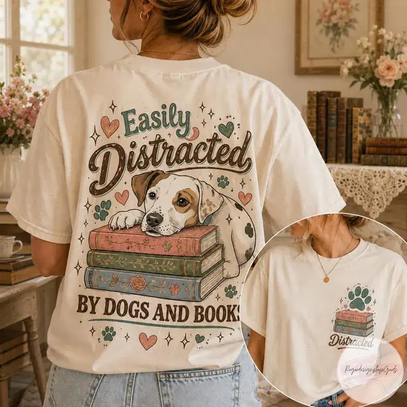 Easily Distracted By Dogs And Books Shirt, Book Lover Gift, Funny Dog Shirt, Dog Lover Shirt, Dog Lover Gift, Reader T-Shirt, Dogs and Books