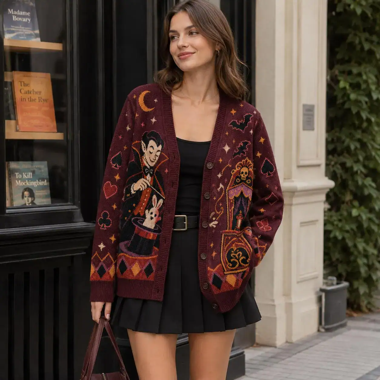 Vampire Magic Show Cardigan, Burgundy Rabbit Top Hat Halloween Knit Sweater, Gothic Circus Cozy Spooky Season Outfit