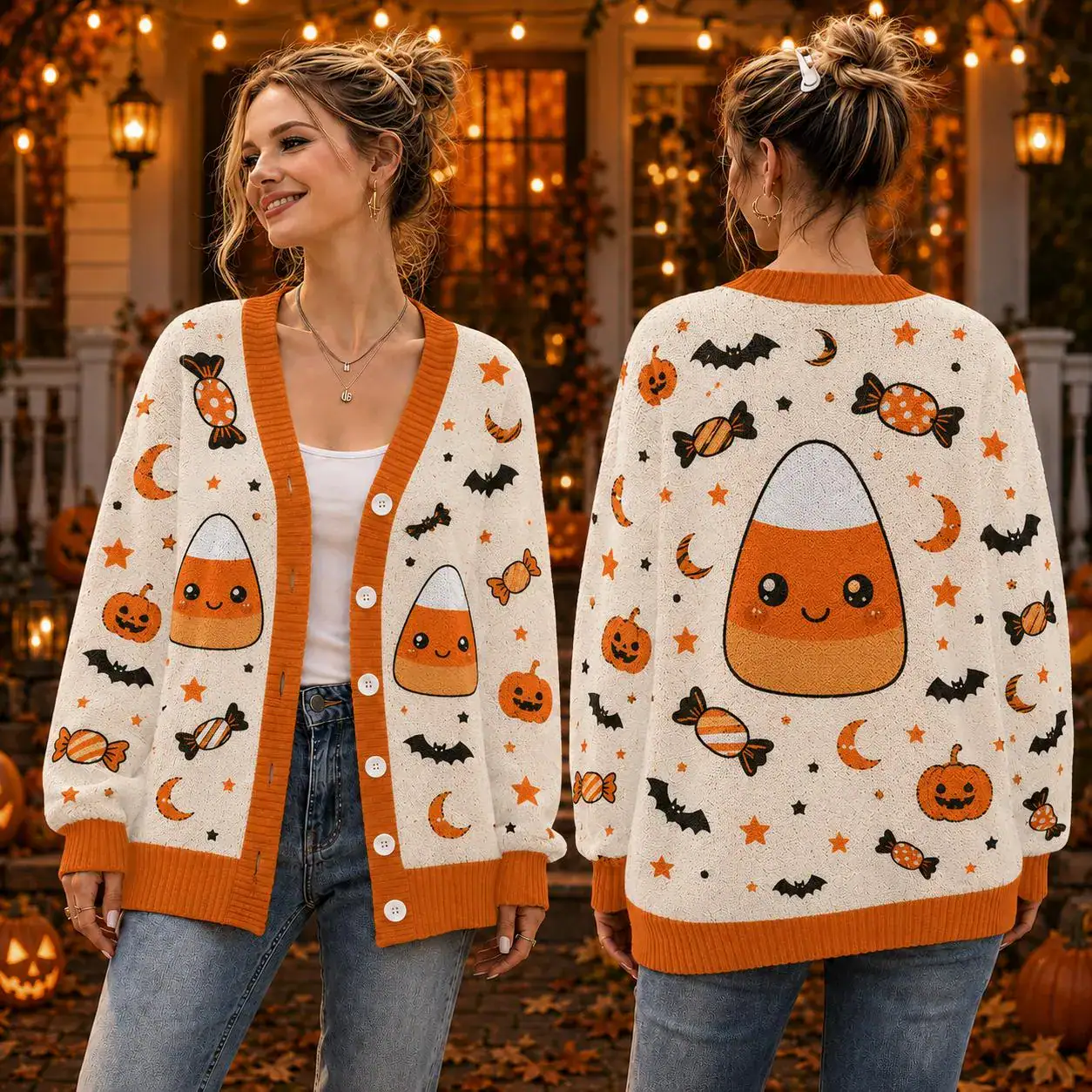 Cute Candy Corn Halloween Cardigan, Orange Black White Knit Sweater, Kawaii Spooky Season Wool Cardigan, Halloween Party Outfit