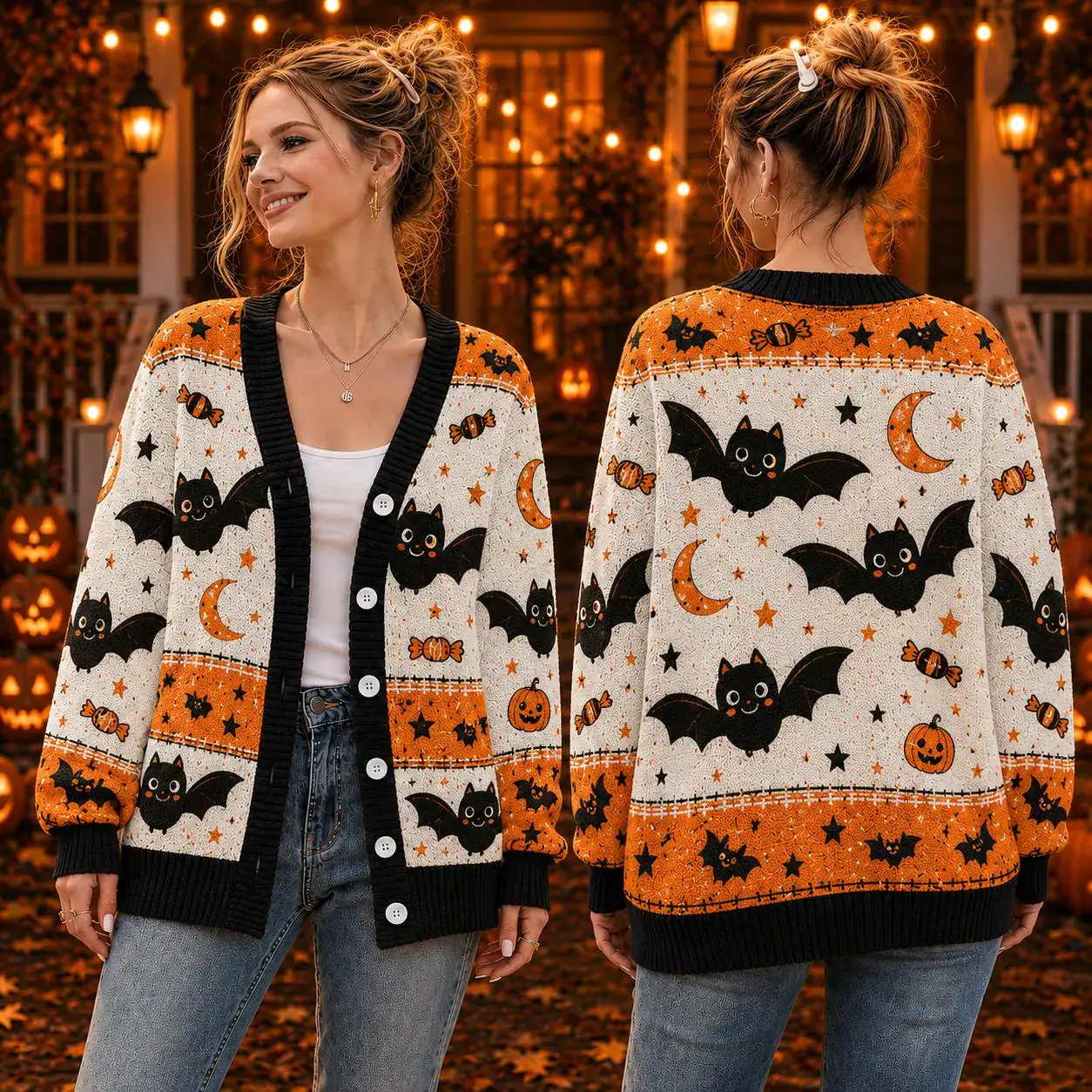 Cute Bat Halloween Cardigan, Orange Black White Knit Sweater, Kawaii Flying Bat Wool Cardigan, Spooky Season Fall Outfit