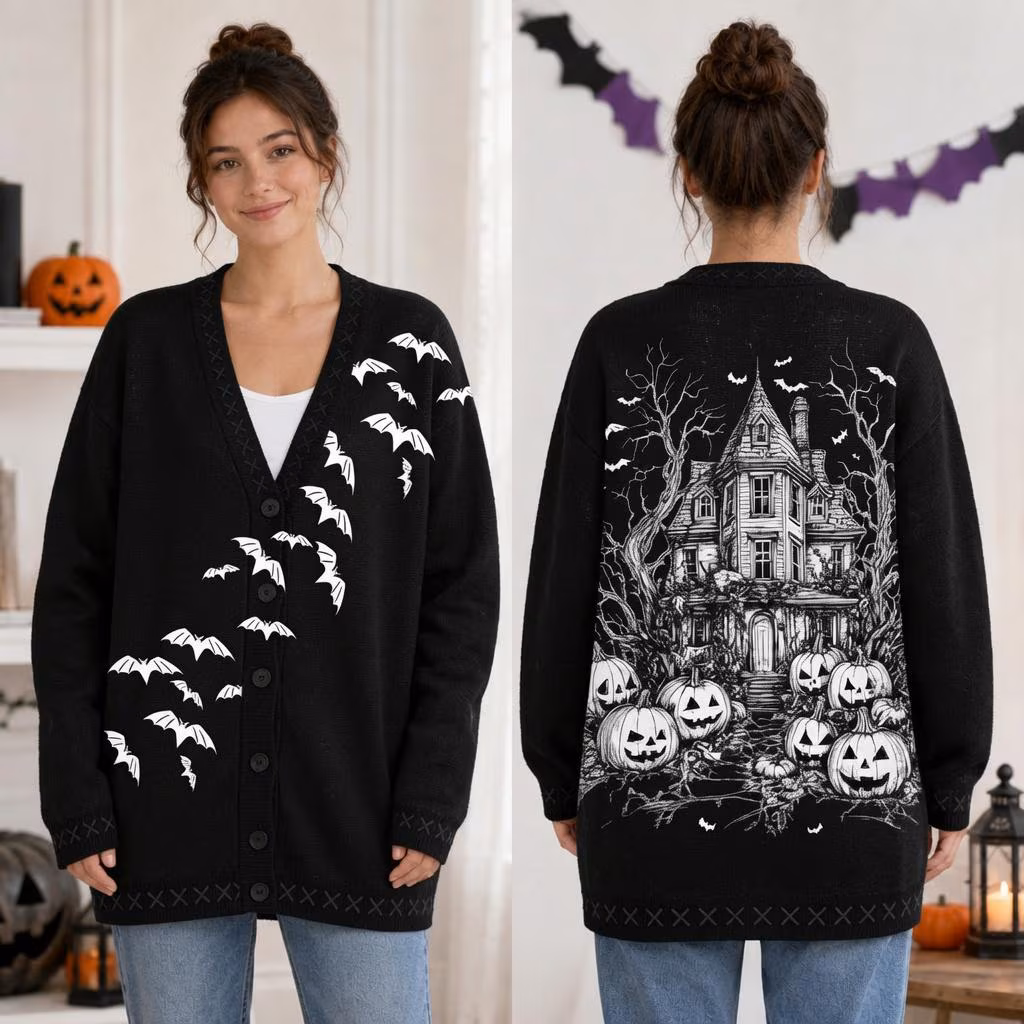 Vintage Haunted House Cardigan, DN Halloween Print Sweater, DN Halloween Trip Shirt, Halloween Outfits, DN Spooky Season Shirt - Image 4