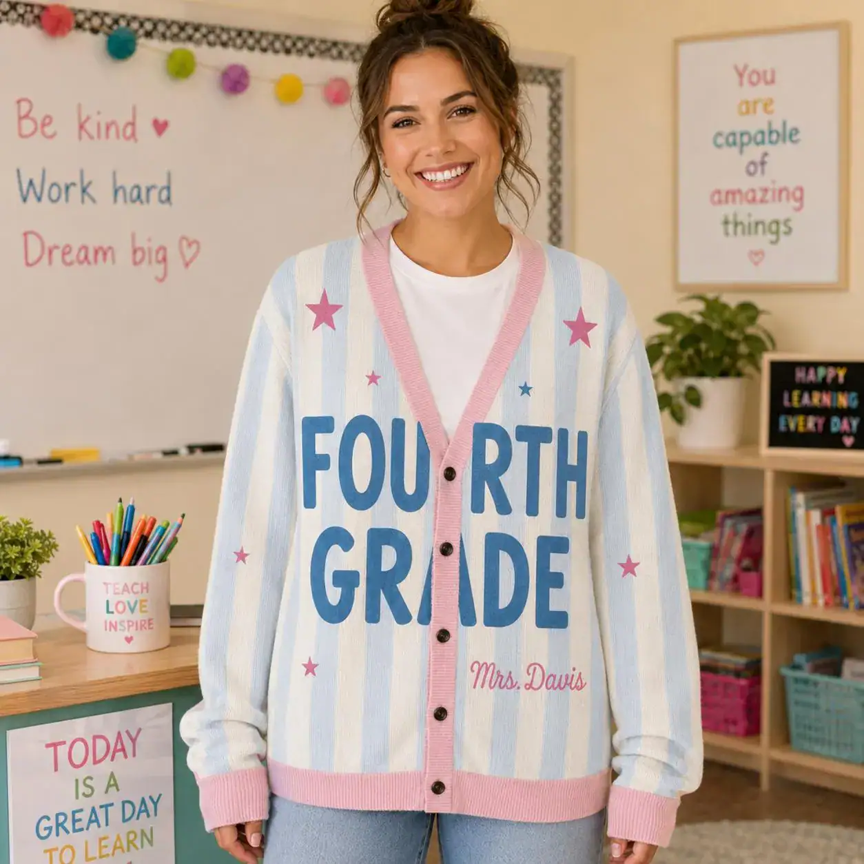 Personalized Teacher Name Cardigan, Custom Mrs Name Sweater, Kindergarten Teacher Gift, School Icons Print Cardigan, Back To School Gift - Image 3