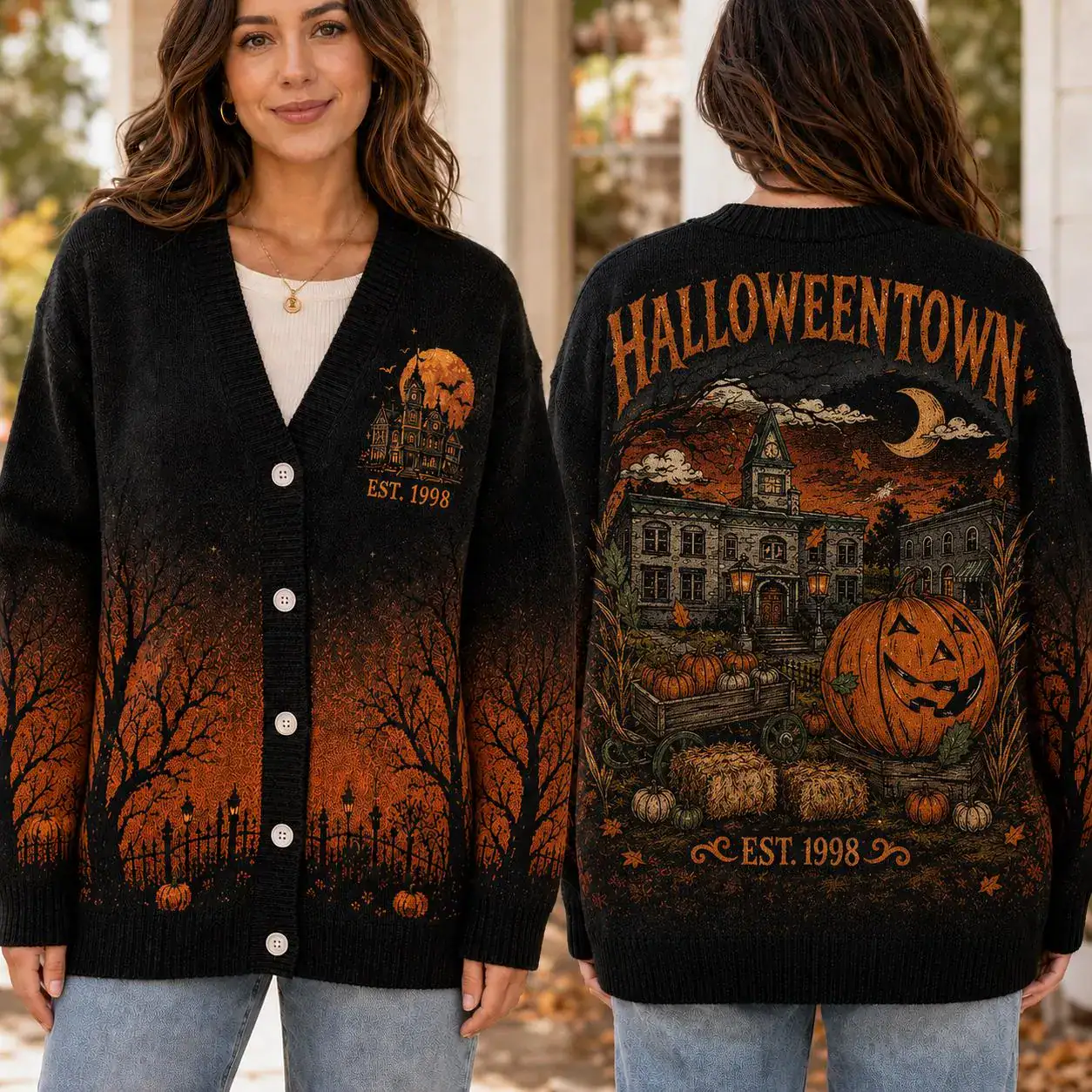Halloween Town EST 1998 Cardigan, Spooky Haunted House Print Sweater, Halloween Pumpkin Print Cardigan, Vintage Fall Witchy Gift