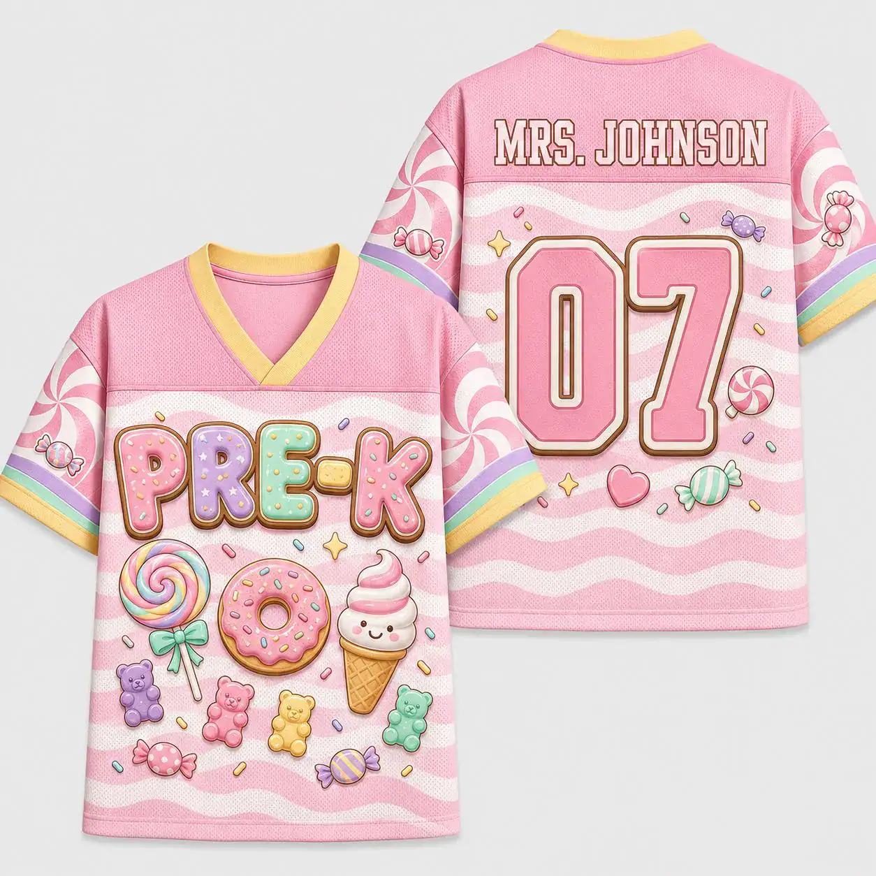Personalized Pre-K Teacher Football Jersey Candy Themed Custom Name Shirt Cute Donut Lollipop Jersey Gift For Preschool Teacher