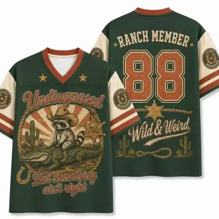 Funny Raccoon Cowboy Football Jersey Wild and Weird Western Graphic Shirt Ranch Member Custom Retro Aesthetic Tee Gift For Him