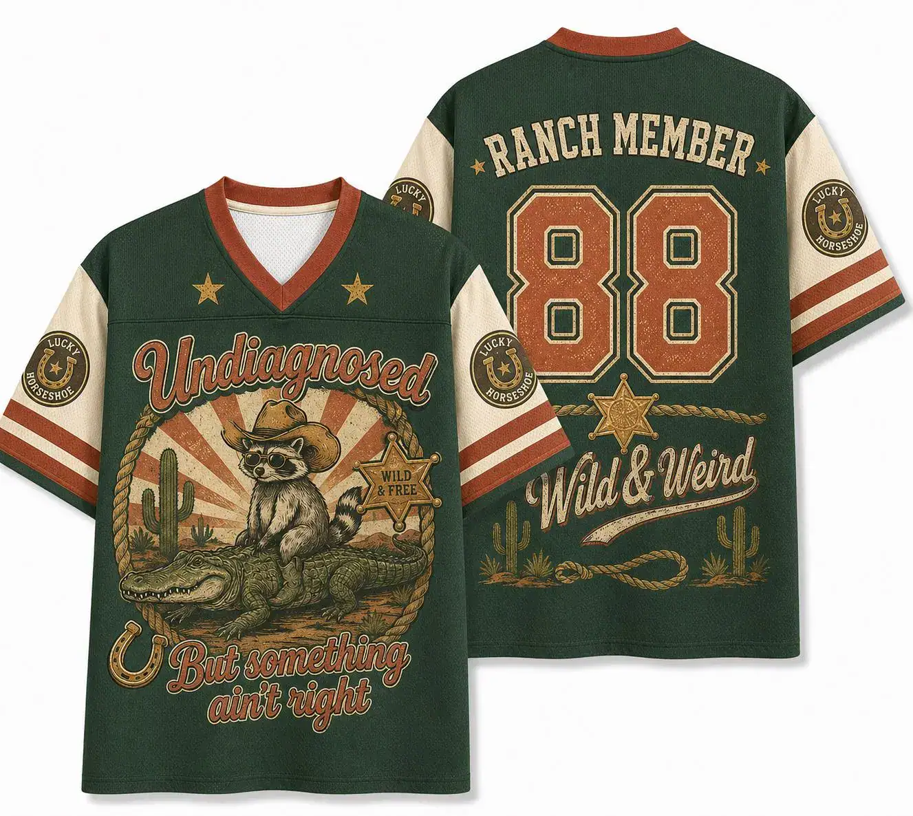 Funny Raccoon Cowboy Football Jersey Wild and Weird Western Graphic Shirt Ranch Member Custom Retro Aesthetic Tee Gift For Him Funny Raccoon Cowboy Football Jersey Wild and Weird Western Graphic Shirt Ranch Member Custom Retro Aesthetic Tee Gift For Him - Image 1