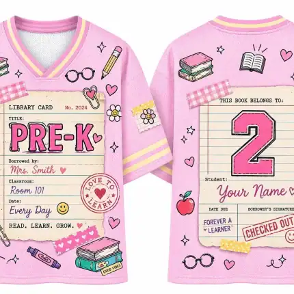 Personalized Pre-K Teacher Football Jersey Library Card Graphic Shirt Custom Name Number Summer Apparel Preschool Classroom Gift