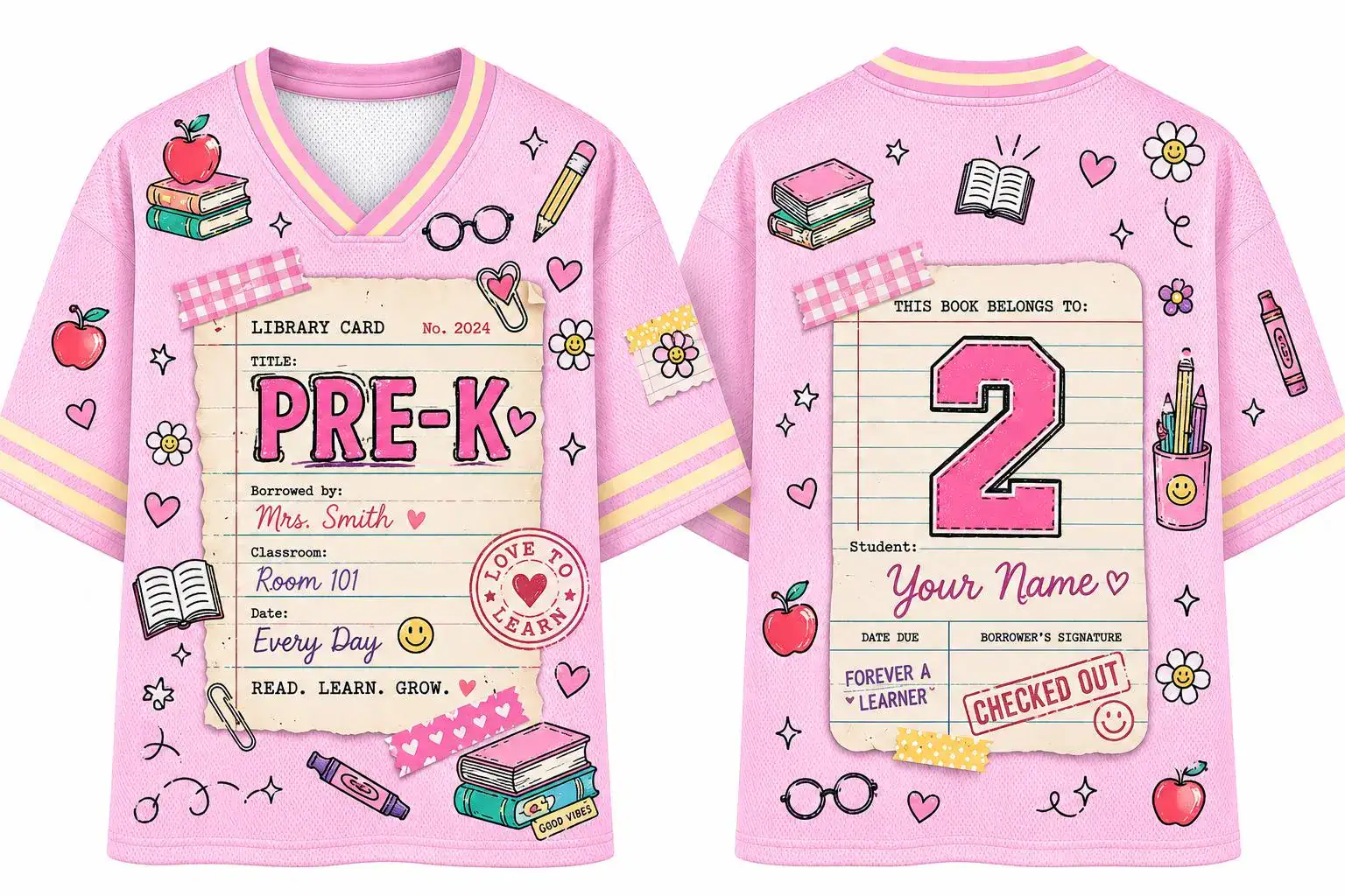 Personalized Pre-K Teacher Football Jersey Library Card Graphic Shirt Custom Name Number Summer Apparel Preschool Classroom Gift Personalized Pre-K Teacher Football Jersey Library Card Graphic Shirt Custom Name Number Summer Apparel Preschool Classroom Gift - Image 1