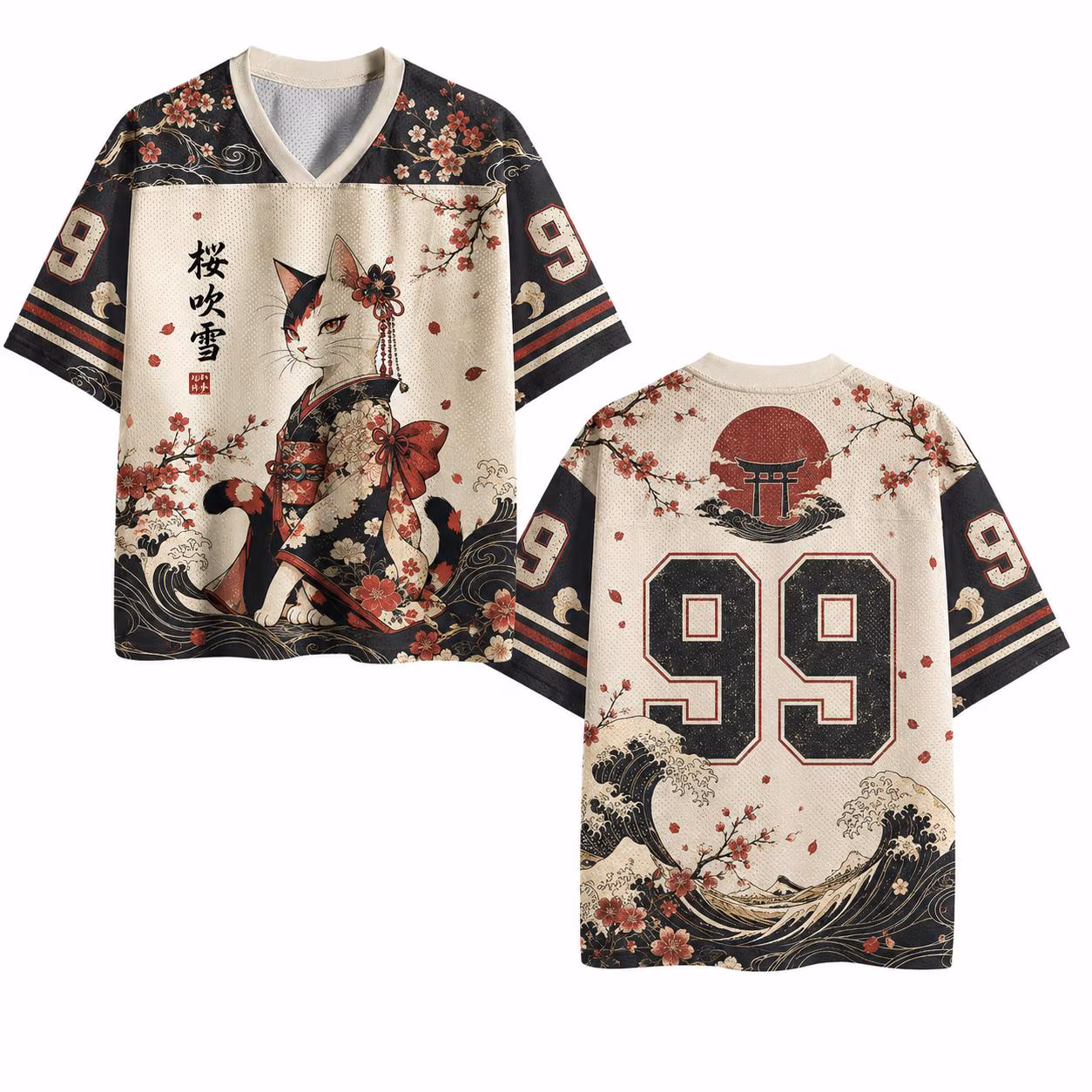 Japanese Geisha Cat Jersey, Number 99 Ukiyo E Wave Mesh Football Shirt, Sakura Kimono Streetwear Gift