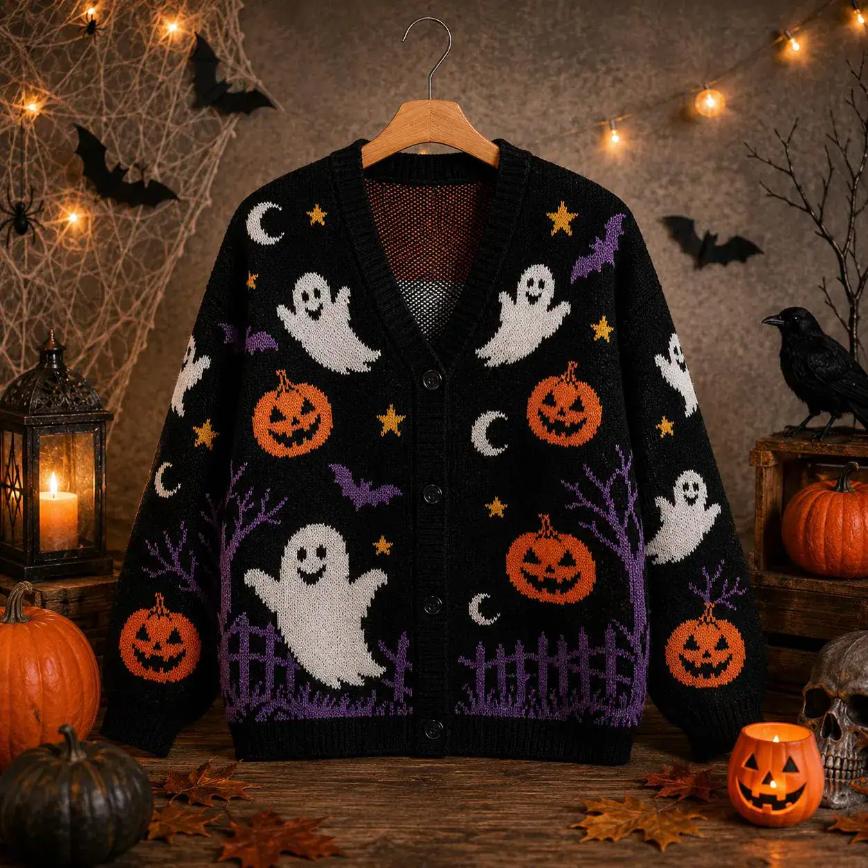 Halloween Ghost Pumpkin Knit Cardigan, Oversized Knit Sweater, Cozy Fall Apparel, Spooky Season Clothing, Cute Witchy