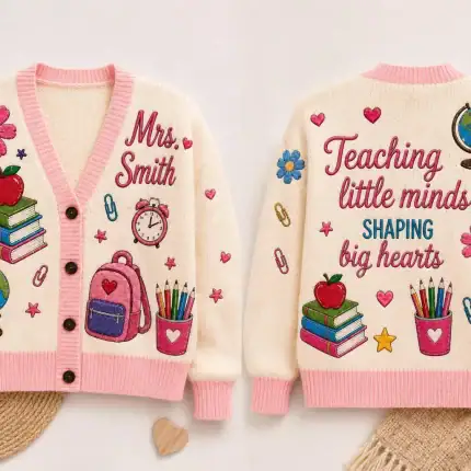 Personalized Teacher Name Knitted Cardigan, Custom Mrs Name School Icons Sweater, Back to School Cardigan, Teacher Appreciation Gift - Image 2