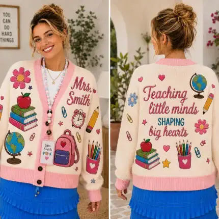 Personalized Teacher Name Knitted Cardigan, Custom Mrs Name School Icons Sweater, Back to School Cardigan, Teacher Appreciation Gift