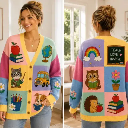 Personalized Teacher Cardigan, Reading Animal Friends Knit Sweater, Back to School Outfit, Custom Teacher Gift, School Librarian