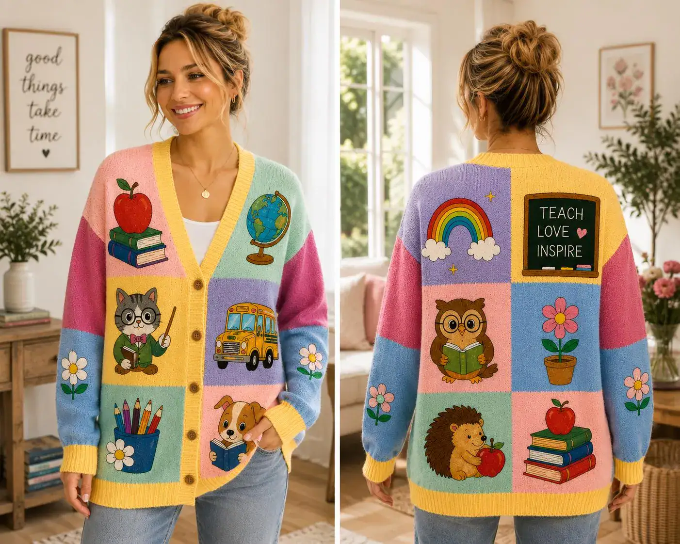 Personalized Teacher Cardigan, Reading Animal Friends Knit Sweater, Back to School Outfit, Custom Teacher Gift, School Librarian