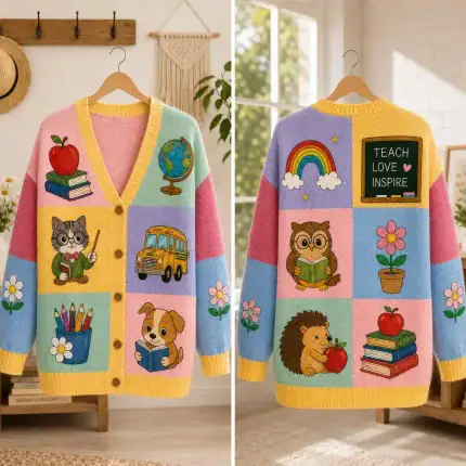 Personalized Teacher Cardigan, Reading Animal Friends Knit Sweater, Back to School Outfit, Custom Teacher Gift, School Librarian - Image 3