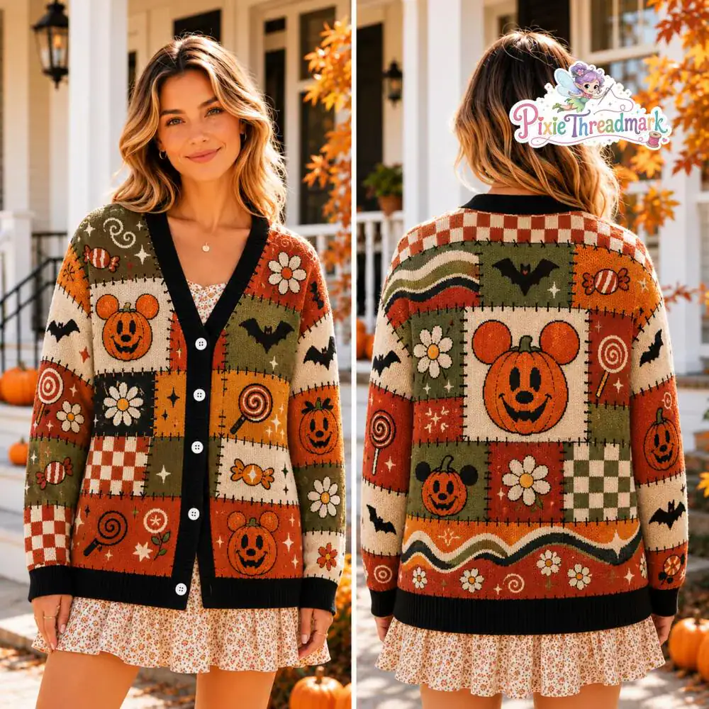 Mouse Head Cardigan Sweater 2026, Pumpkin Patchwork Cardigan, Patchwork Fall Top, Gift for Her, Halloween 2026