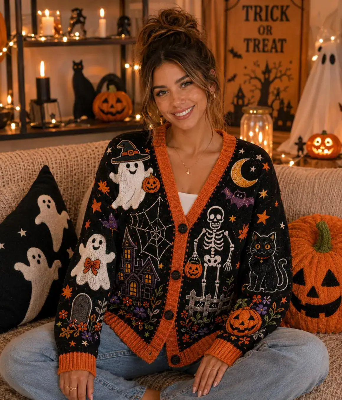 Cute Halloween Knitted Cardigan, Pumpkin Knit Sweater, Cozy Spooky Season Button Up Cardigan, Fall Outfit for Women, Autumn Gift for Her