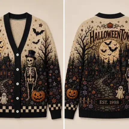 Halloween Town Est 1988 Collage Knitted Cardigan, Vintage Halloween Button Sweater, Pumpkin Patch Fall Cardigan, Cozy Autumn - Image 3