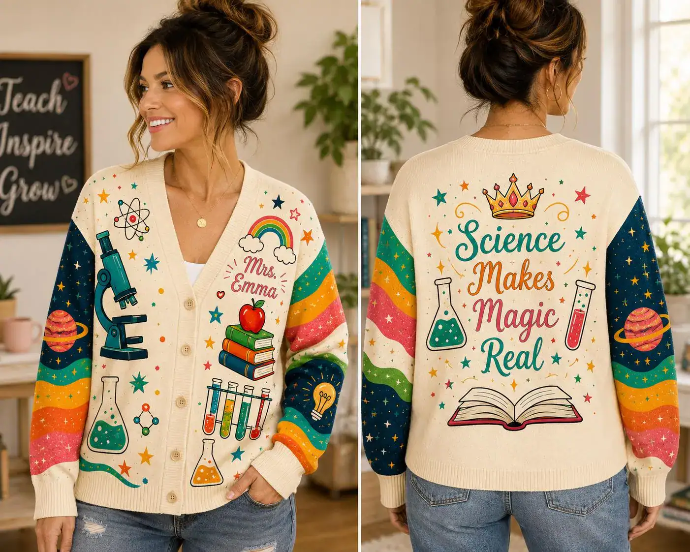 Custom Name Science Teacher Knitted Cardigan, Personalized Rainbow Bus School Sweater, Back to School 2026, STEM Educator Gift, Classroom