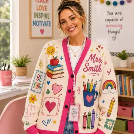 Custom Mrs Name Teacher Cardigan, Personalized School Icons Sweater, Kindergarten Teacher Gift, Back To School Outfit, Educator Apparel - Image 3