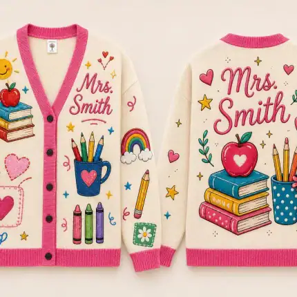 Custom Mrs Name Teacher Cardigan, Personalized School Icons Sweater, Kindergarten Teacher Gift, Back To School Outfit, Educator Apparel - Image 2