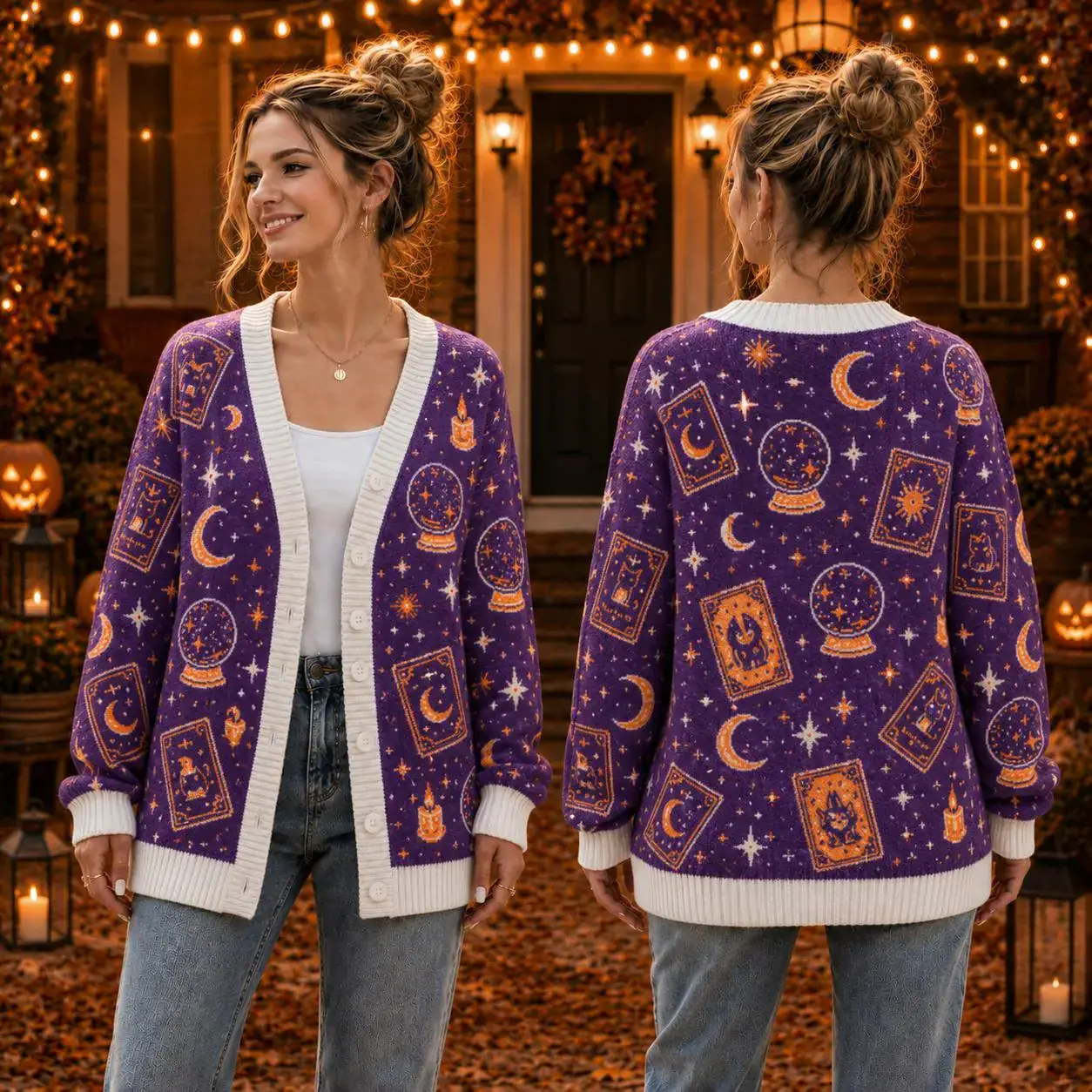 Mystical Tarot Halloween Cardigan, Crystal Ball Moon Knit Sweater, Orange Purple Witchy Wool Cardigan, Cute Spooky Season Outfit