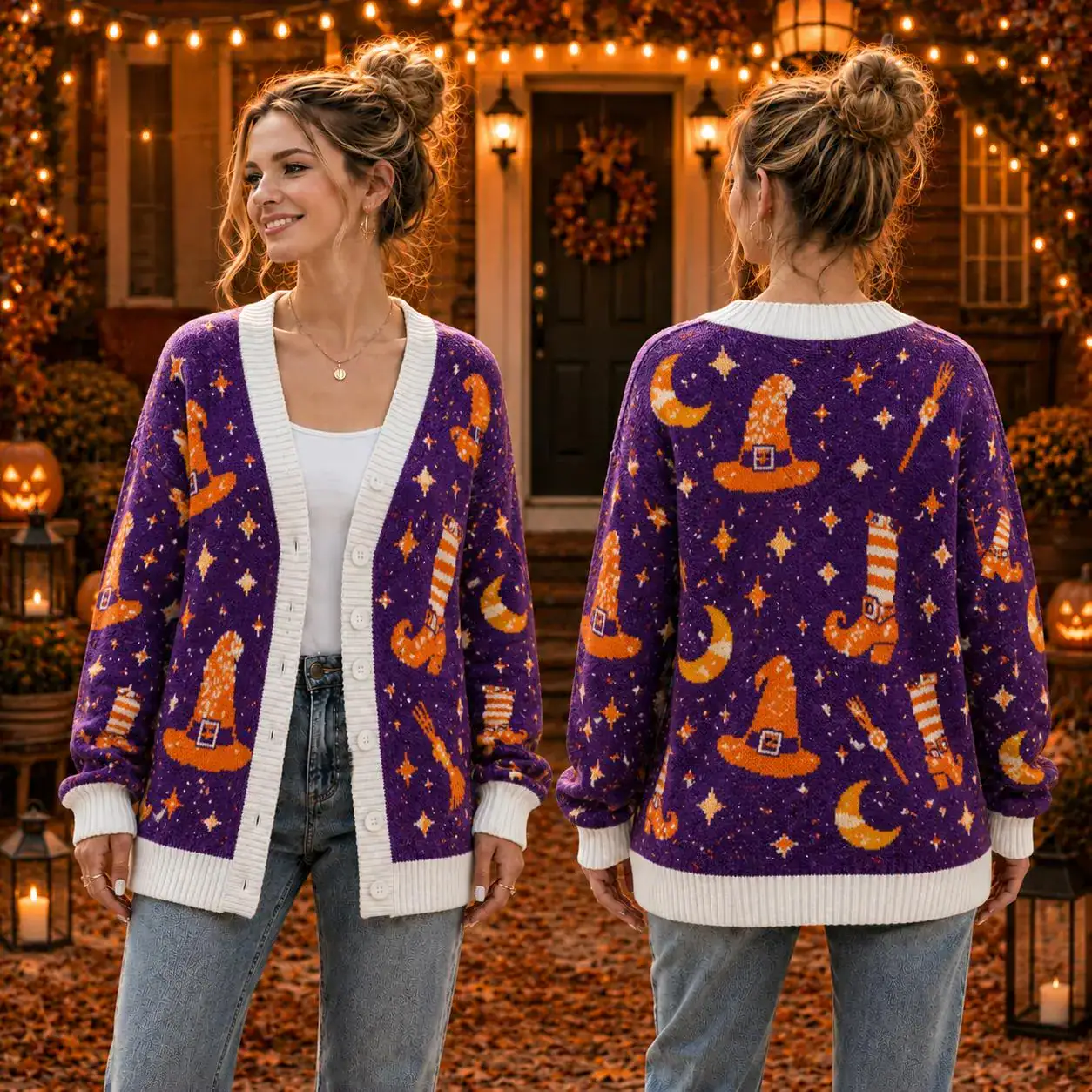 Witch Hat Halloween Cardigan, Cute Witch Boot Knit Sweater, Orange Purple Wool Cardigan, Magical Spooky Season Outfit