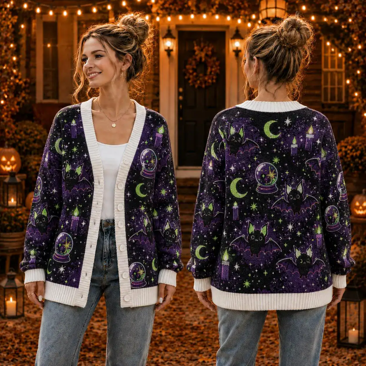 Bat Crystal Ball Halloween Cardigan, Black Purple Green Knit Sweater, Witchy Celestial Wool Cardigan, Spooky Season Outfit