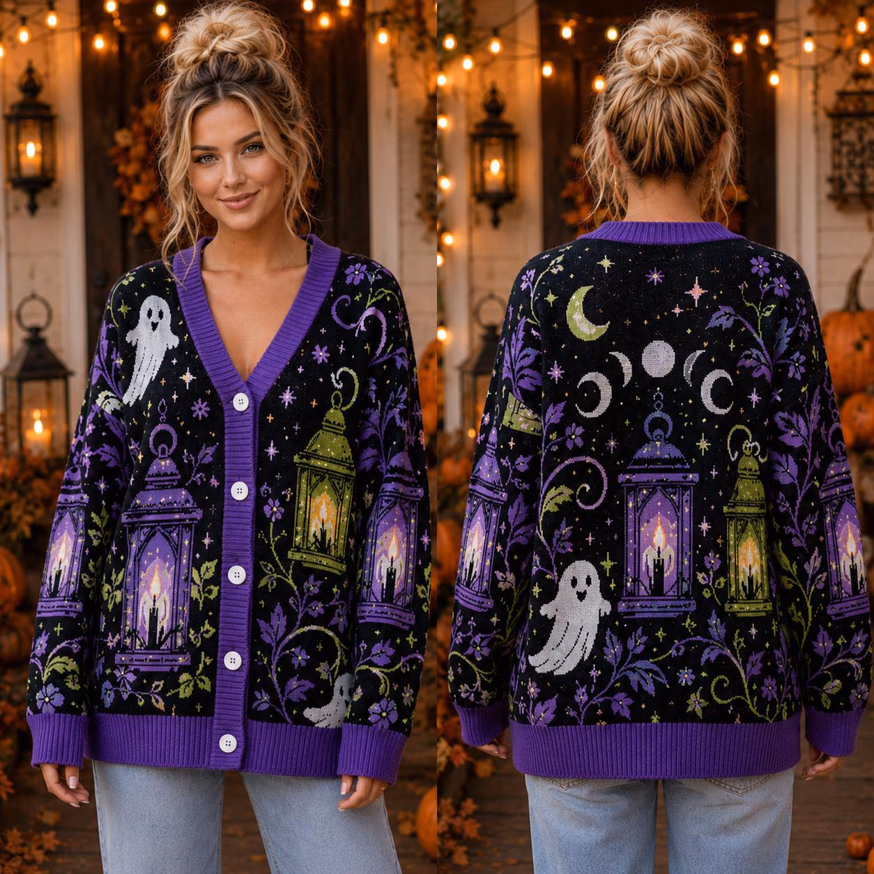 Magical Lantern Halloween Cardigan, Purple Green Black Knit Sweater, Ghost Moon Phase Wool Cardigan, Witchy Fall Outfit
