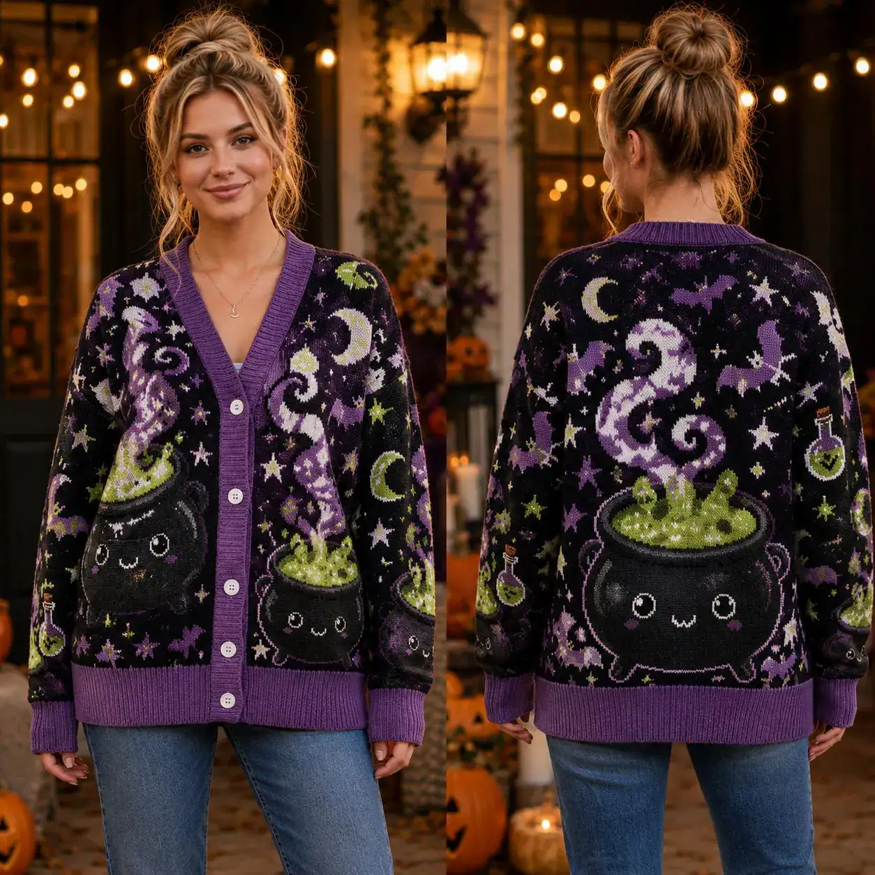 Cute Cauldron Halloween Cardigan, Purple Green Potion Knit Sweater, Black Witchy Wool Cardigan, Kawaii Spooky Season Outfit
