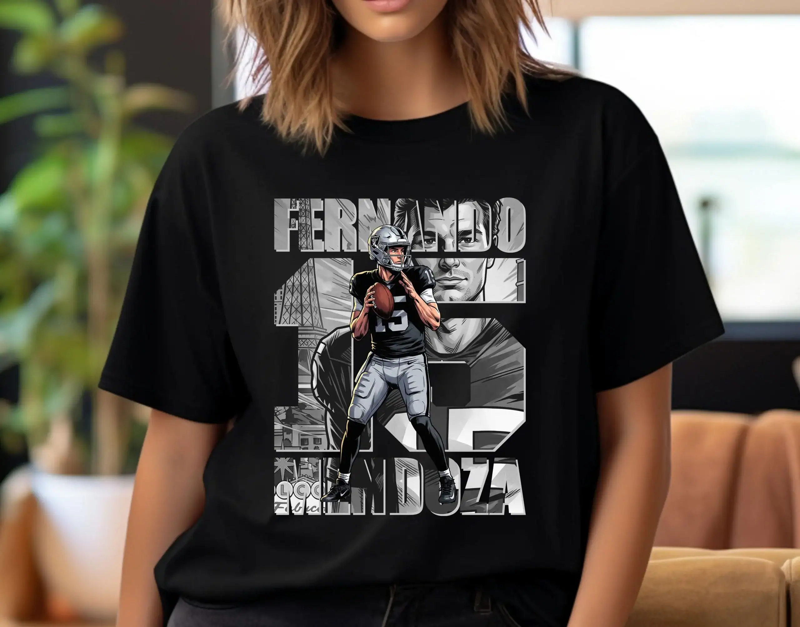 Football Player T-Shirt Design: Mendoza Comic Image Shirt Transfer