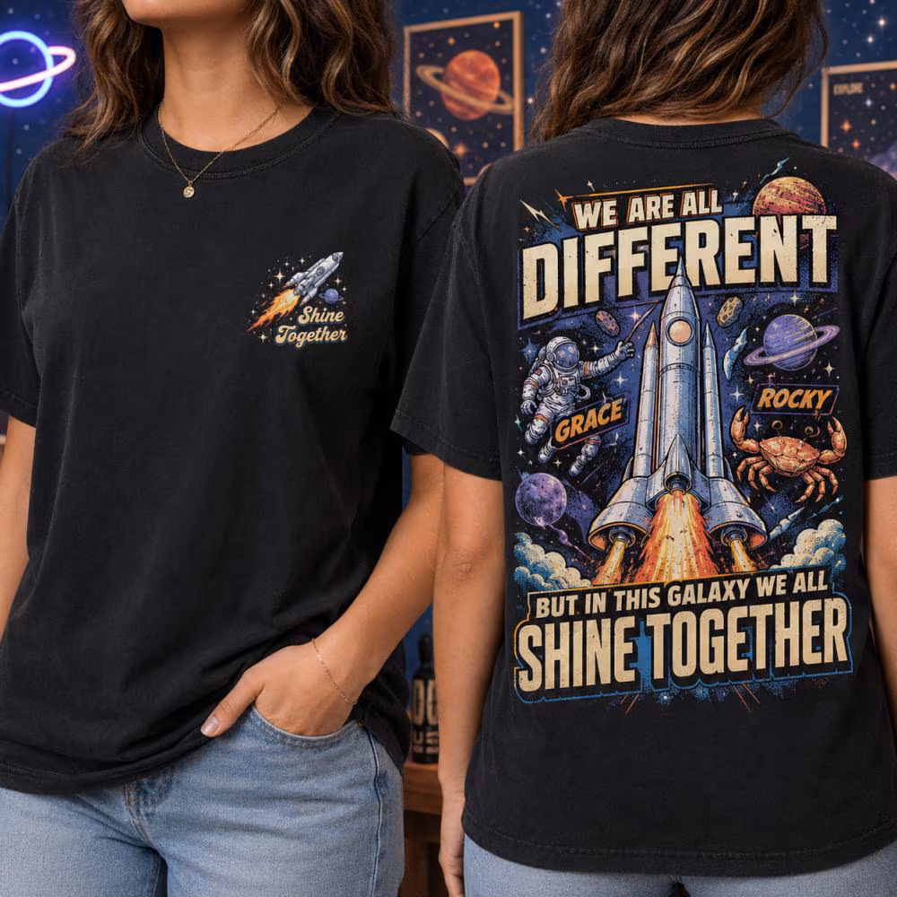We Are All Different But Shine Together Comfort Color Shirt,Grace Rocky Friendship Apparel,Gift for Book Lovers,Retro SciFi Alien BookLover