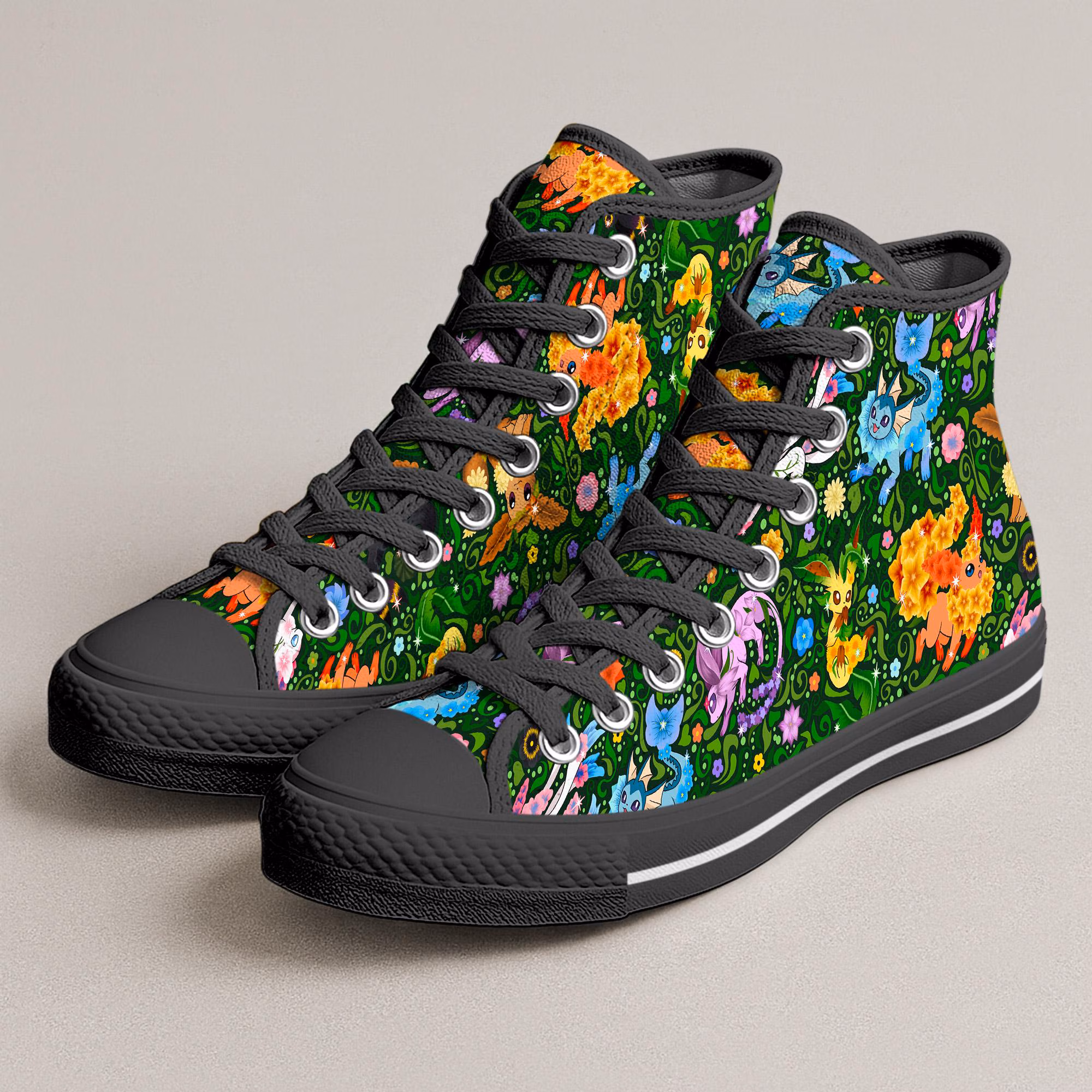 Umbreon Eevee Canvas Shoes Cute Kawaii High Top Sneakers Forest Floral Pattern Casual Footwear Unisex Anime Canvas Shoes Umbreon Shoes Gifts