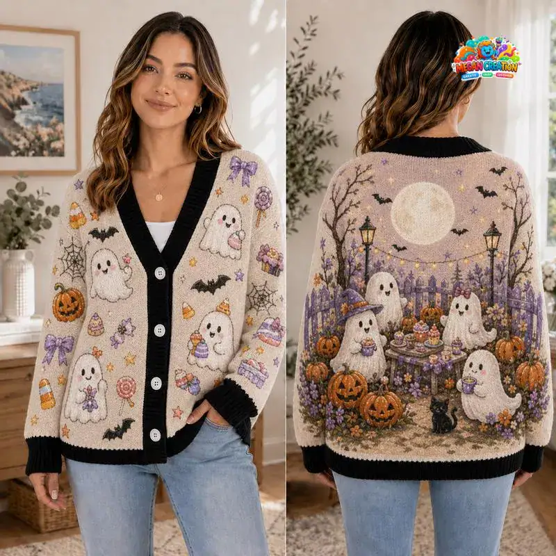 Halloween Ghost Cardigan, Pumpkin Spooky Cardigan, Cute Halloween Sweater, Cozy Fall Button Cardigan 06