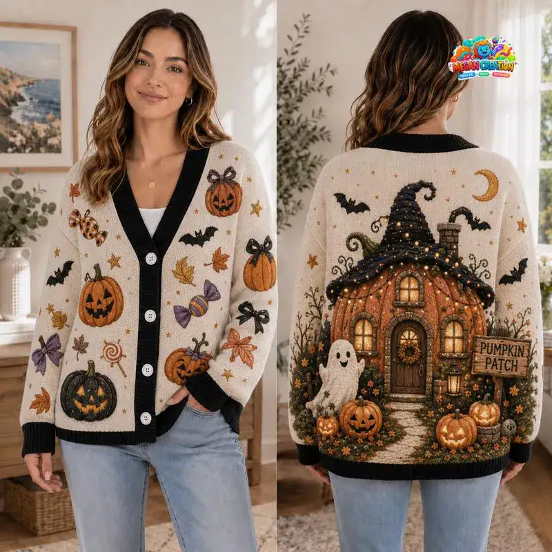 Halloween Ghost Trick or Treat Cardigan, Pumpkin Spooky Cardigan, Cute Halloween Sweater, Cozy Fall Button Cardigan 07
