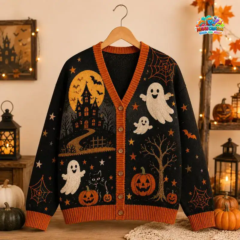 Halloween Ghost Haunted House Knit Cardigan, Pumpkin Spooky Women Cardigan, Cute Halloween Sweater, Cozy Fall Button Cardigan 09