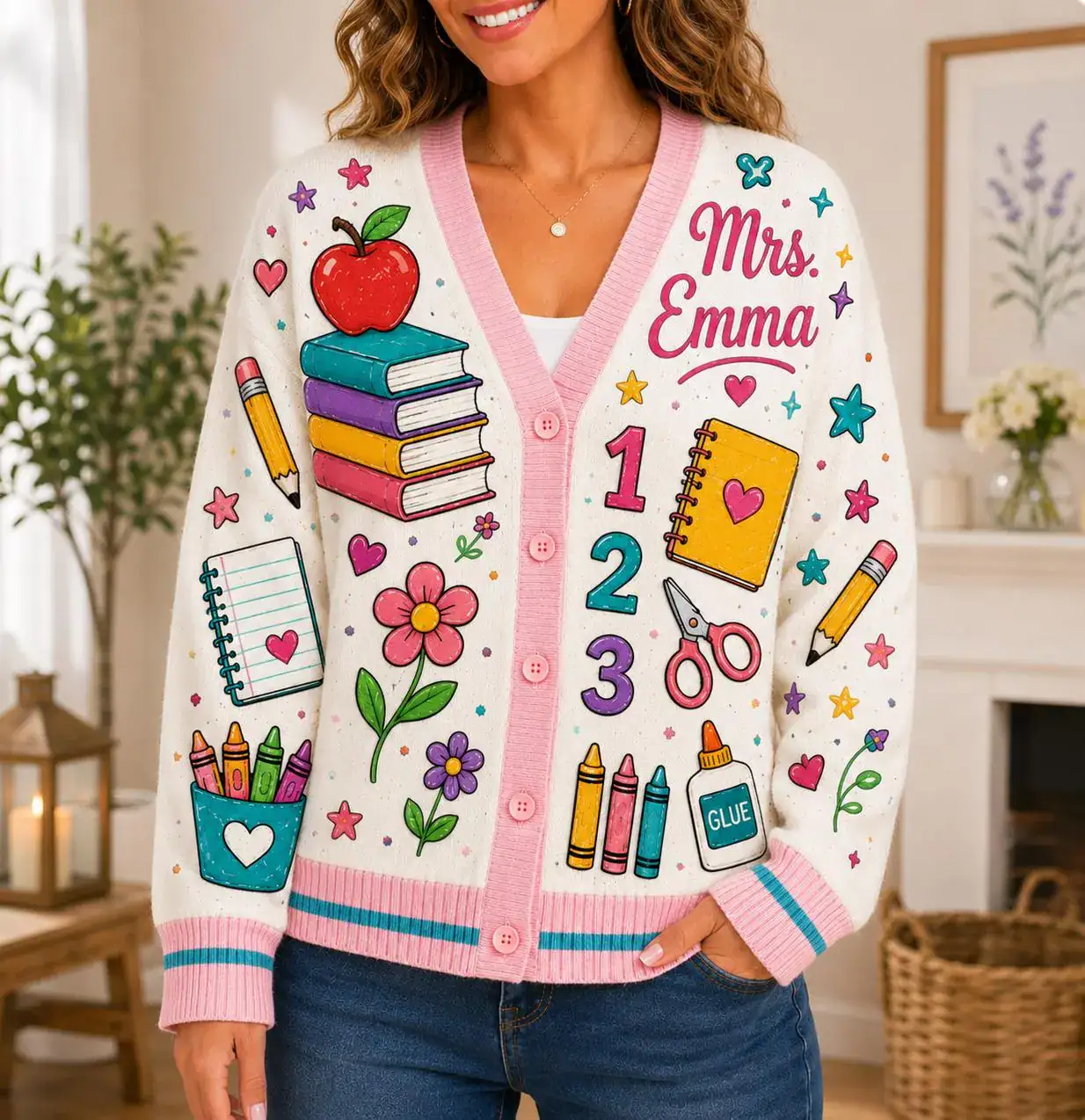 Custom Name Teacher Knitted Cardigan, Personalized Mrs Sweater, Back to School Gift for Teacher, Teacher Appreciation, Classroom Outfit for