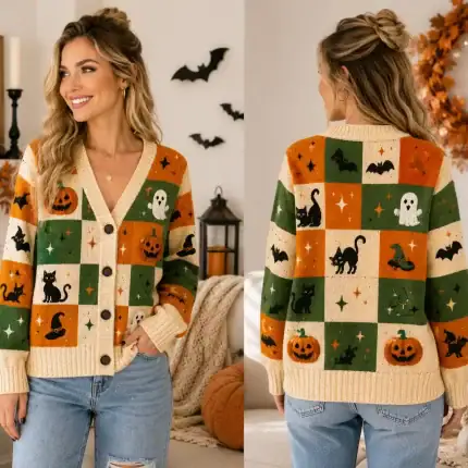 Halloween Checkered Knitted Cardigan, Retro Checkerboard Ghost Sweater, Spooky Black Cat Knitwear, Fall Holiday Outfit, Aesthetic Gift for - Image 3