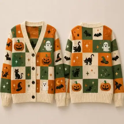 Halloween Checkered Knitted Cardigan, Retro Checkerboard Ghost Sweater, Spooky Black Cat Knitwear, Fall Holiday Outfit, Aesthetic Gift for - Image 2