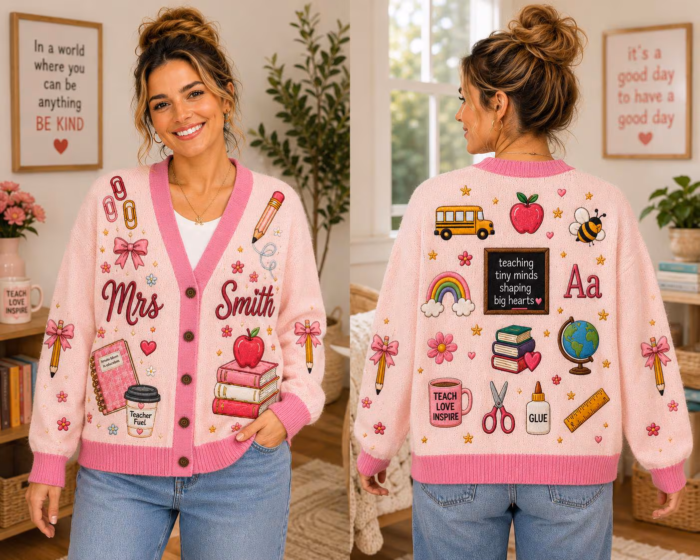 Custom Mrs Name Pencil Bus Knitted Cardigan, Personalized Teacher Sweater, Back to School Teacher Gift, Cozy Classroom Outfit, Educator Appa