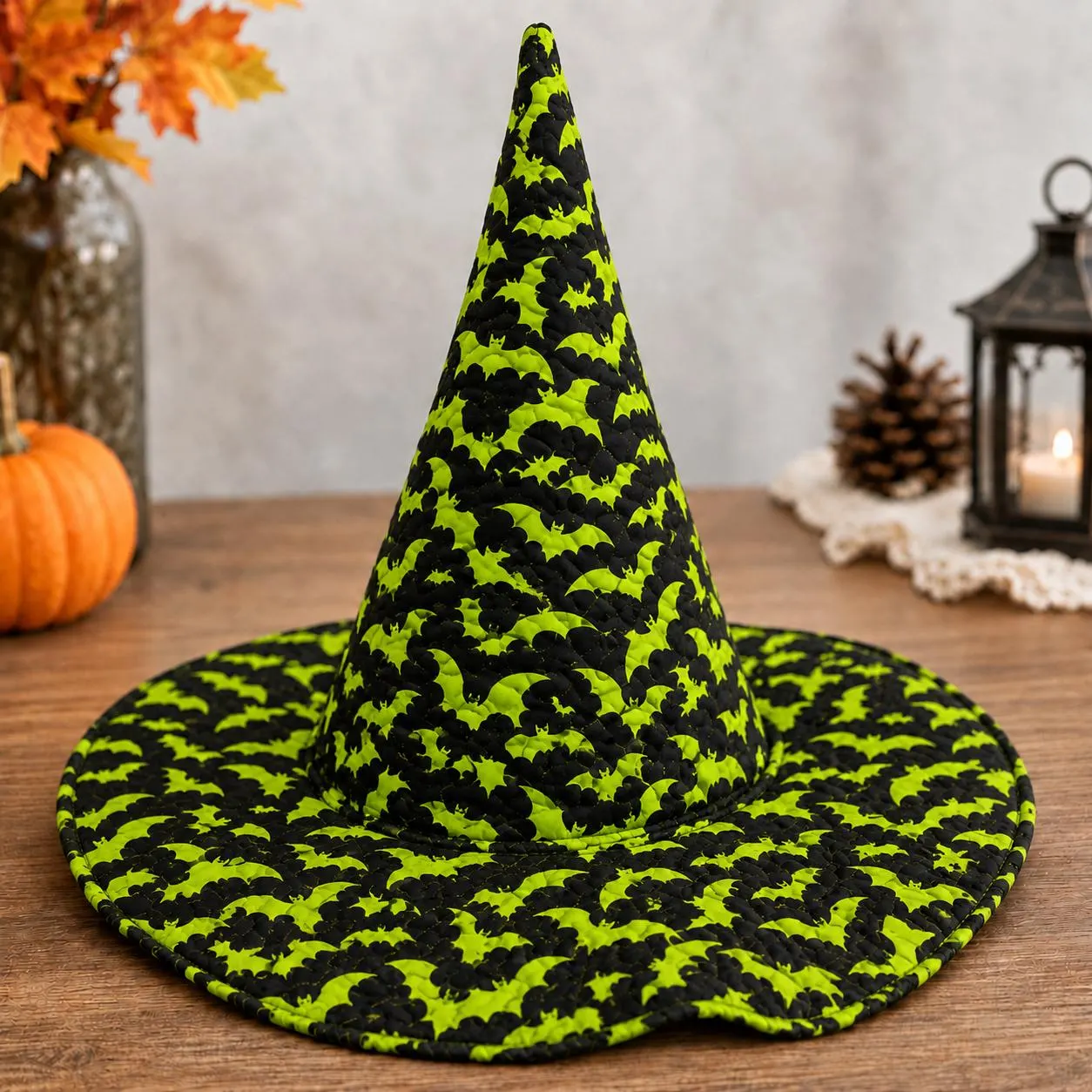 Neon Halloween Witch Hat with Black Bat Print, Green Spooky Costume Headwear Neon Halloween Witch Hat with Black Bat Print, Green Spooky Costume Headwear - Image 1