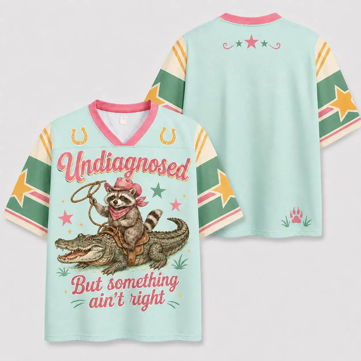Undiagnosed But Something Ain’t Right Jersey, Funny Raccoon Cowboy Football Shirt, Alligator Rider Mesh Top, Retro Animal Streetwear
