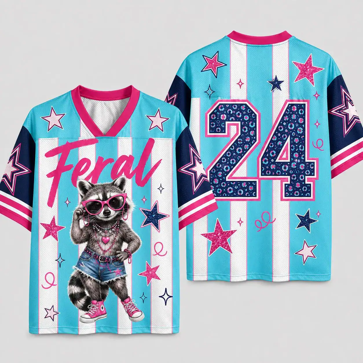 Feral Raccoon Number 24 Jersey, Pink Blue Retro Animal Mesh Shirt, Funny Star Graphic Streetwear, Front and Back Sports Top