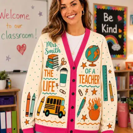 Life of a Teacher Cardigan, School Supplies Print Sweater, Funny Teacher Cardigan, Back to School Teacher Gift - Image 2
