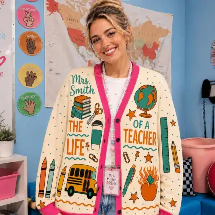 Life of a Teacher Cardigan, School Supplies Print Sweater, Funny Teacher Cardigan, Back to School Teacher Gift