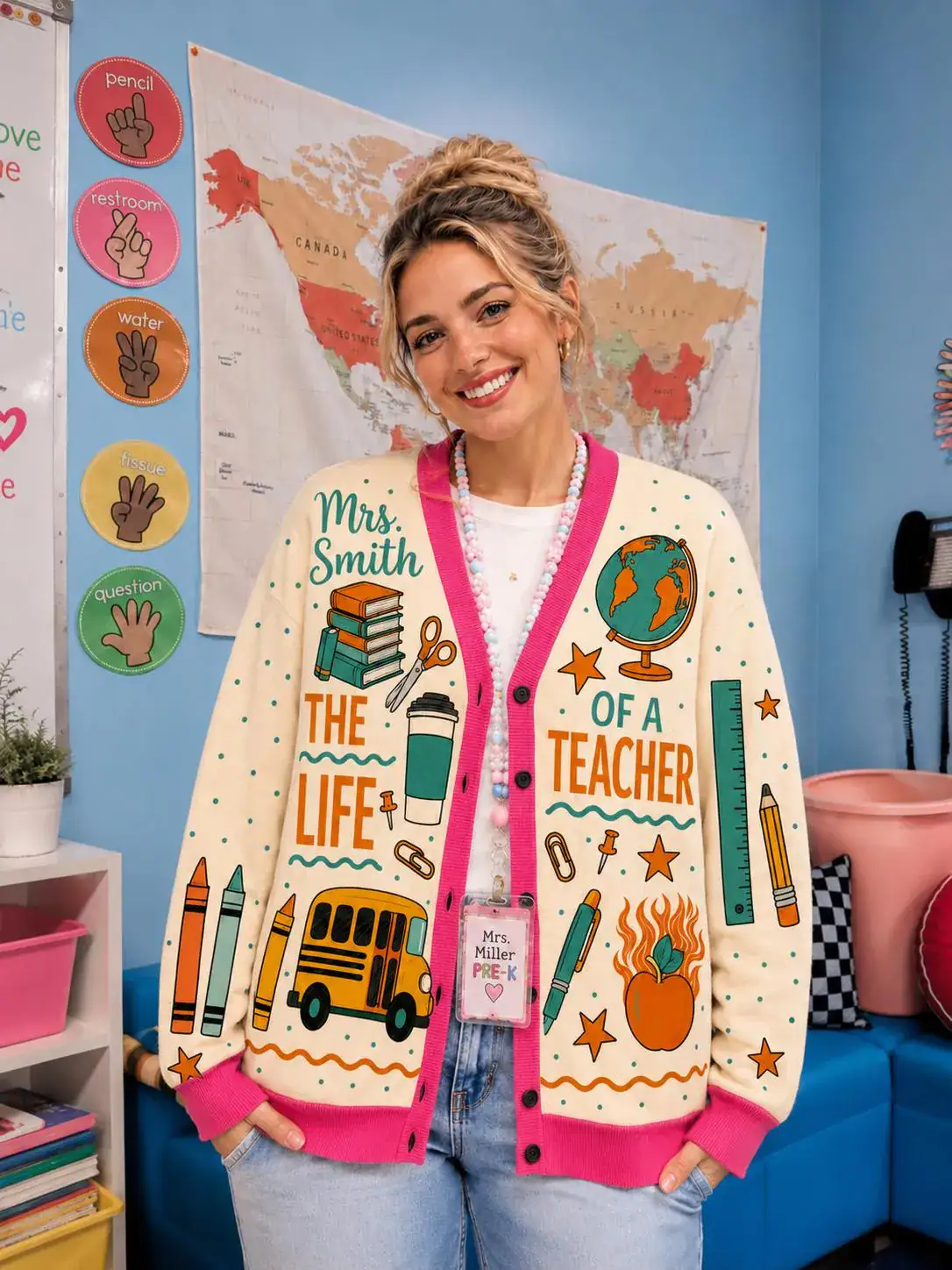 Life of a Teacher Cardigan, School Supplies Print Sweater, Funny Teacher Cardigan, Back to School Teacher Gift