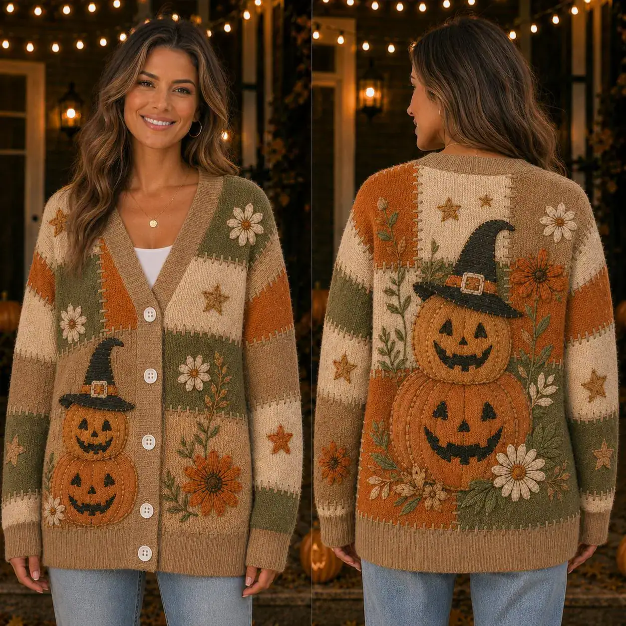 Cute Halloween Pumpkin Cardigan, Vintage Patchwork Knit Sweater, Jack O Lantern Witch Hat Cardigan, Cozy Fall Sweater for Women