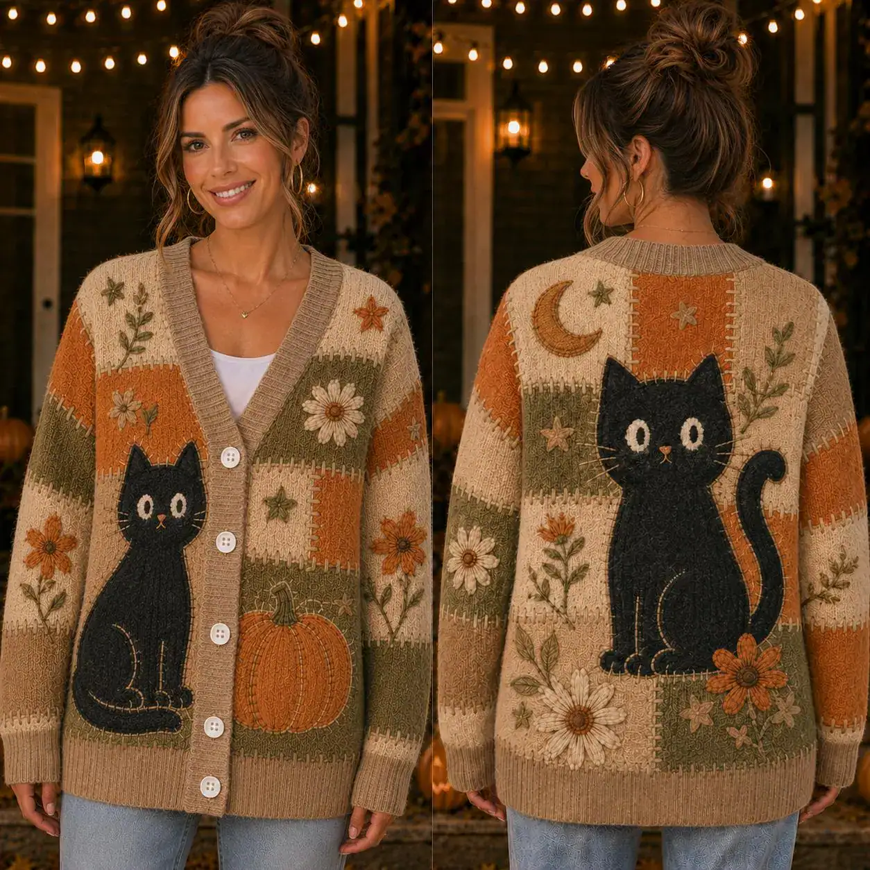 Black Cat Halloween Cardigan, Cute Pumpkin Patchwork Sweater, Vintage Fall Knit Cardigan, Spooky Cat Lover Gift for Women