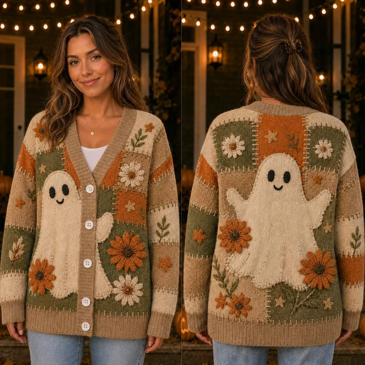 Cute Ghost Halloween Cardigan, Floral Patchwork Knit Sweater, Cottagecore Spooky Season Cardigan, Cozy Fall Gift for Women
