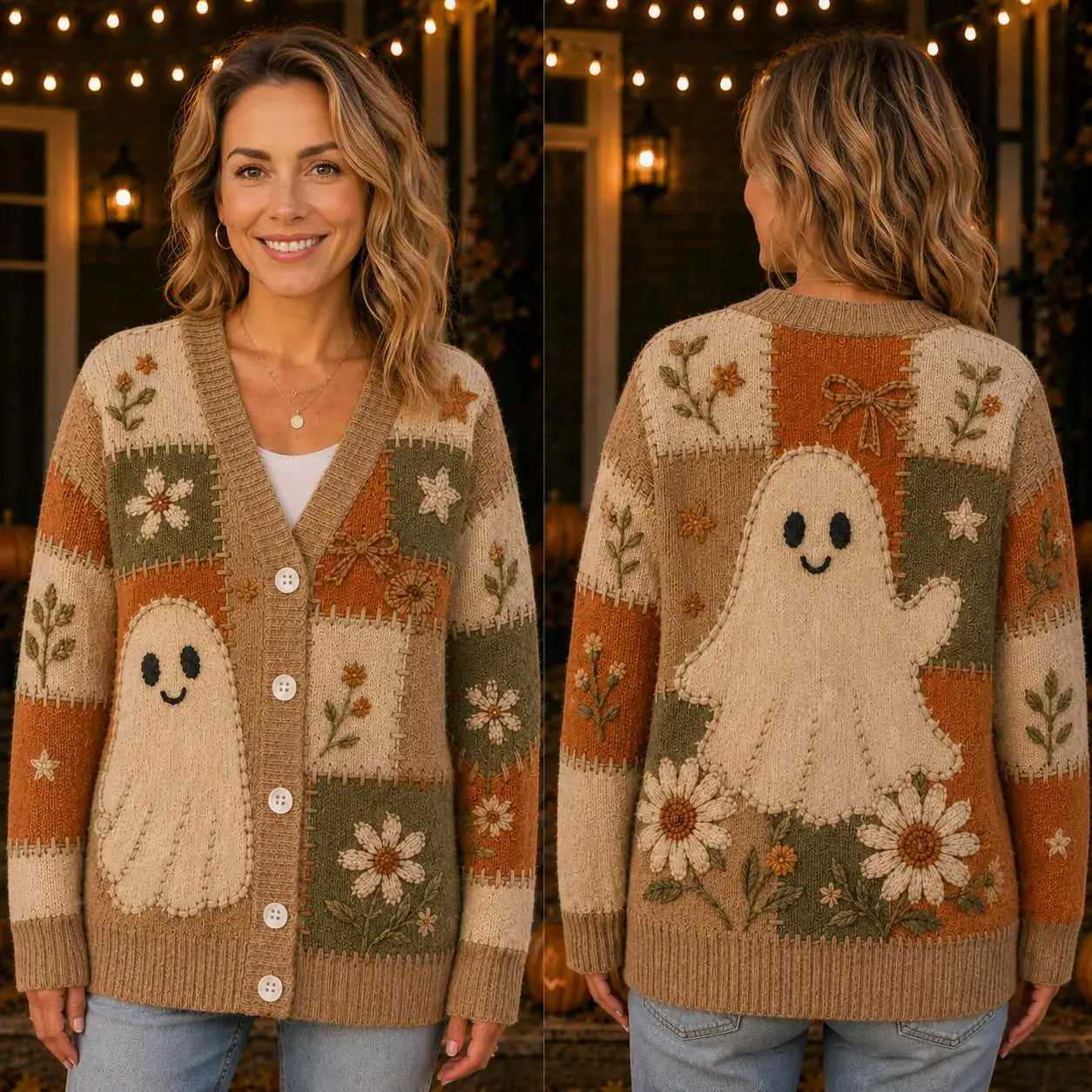Vintage Ghost Cardigan, Cute Halloween Floral Knit Sweater, Rustic Patchwork Fall Cardigan, Cozy Spooky Season Outfit for Women